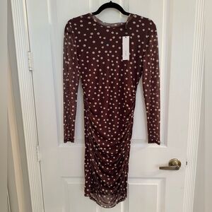 Brown polka dot dress with sheer overlay